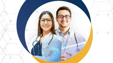 Dois médicos sorrindo, um homem e uma mulher, em fundo com padrão geométrico.