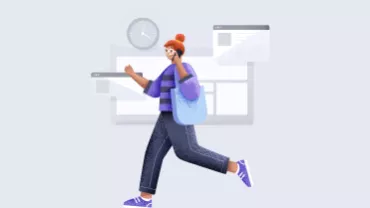 Pessoa andando e falando ao telefone com ícones de tecnologia ao fundo.