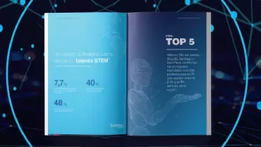 Livro aberto mostrando dados sobre talento STEM na América Latina, com top 5 cidades destacadas em contraste azul.
