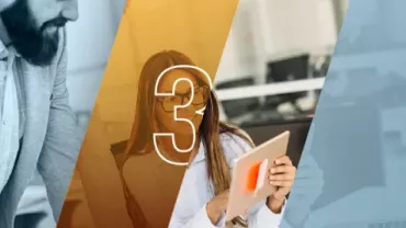 Imagem dividida em três partes com pessoas no escritório e número 3 no centro.