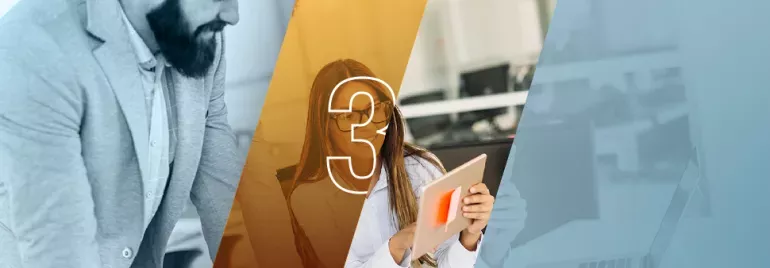Imagem dividida em três partes com pessoas no escritório e número 3 no centro.