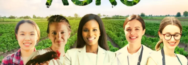 Grupo de mulheres frente a campo agrícola com a palavra AGRO.