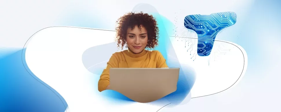 Mulher no computador com fundo do Talent Trends 2025