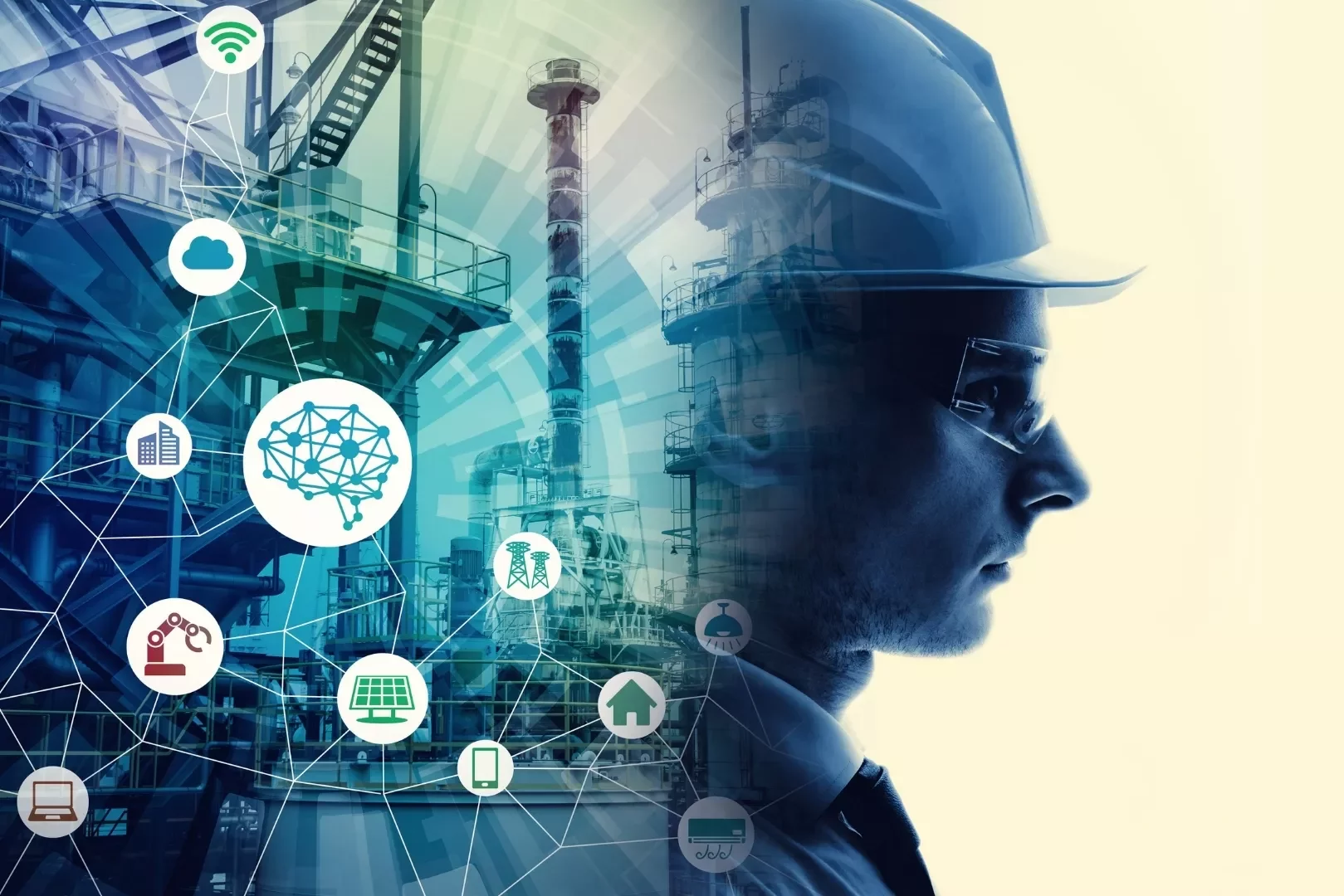 Trabalhador com capacete olhando para instalação industrial e conceitos de conexão digital.