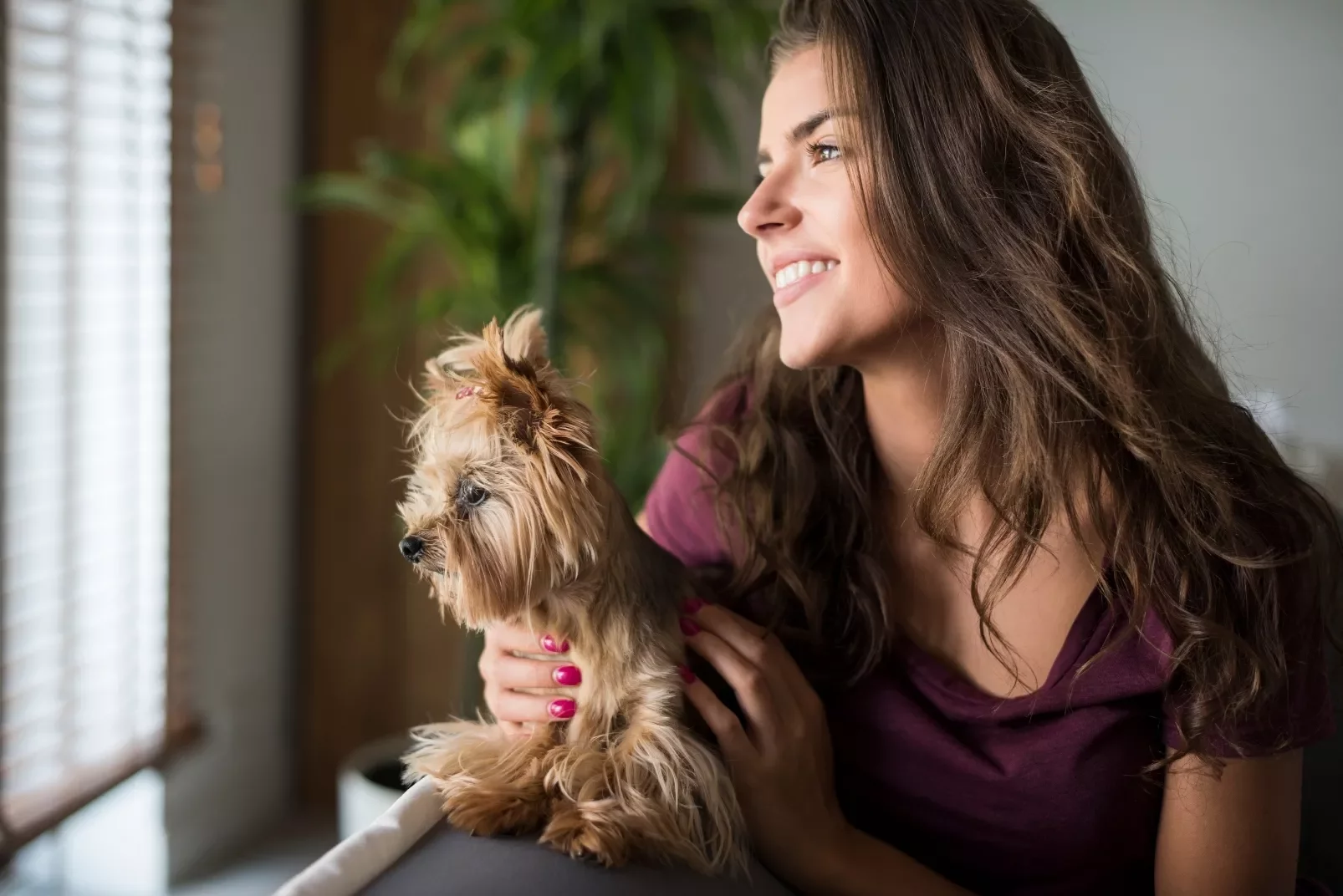Mulher sorrindo com cachorro Yorkshire nos braços.