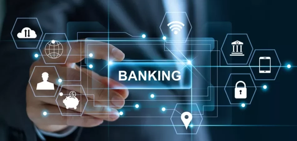 Interface digital de banco com ícones de segurança e tecnologia.