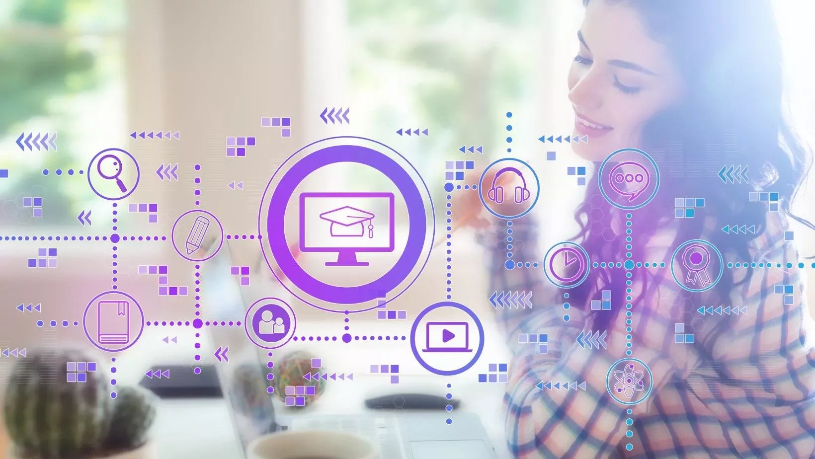 Mulher usando laptop com ícones de educação digital ao redor.