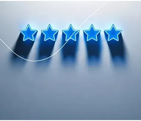 Ícone de cinco estrelas azuis, símbolo de qualidade e excelência.