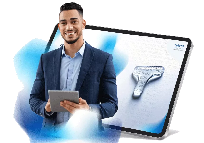 Tablet com a capa do relatório de tendências de talento 2025 da Michael Page.