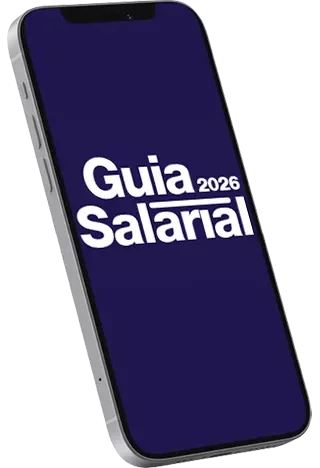 Mockup de celular com tela roxa exibindo “Guia Salarial 2026”.