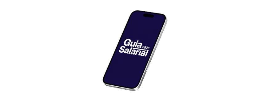Smartphone exibindo a capa do Guia Salarial 2026 em uma tela com fundo limpo.