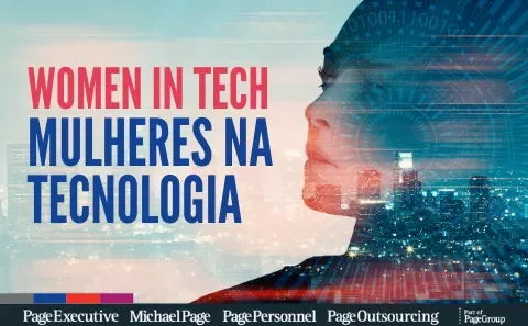 Imagem de uma mulher e o texto 'Mulheres na Tecnologia'.