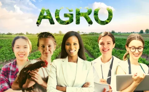 Grupo de mulheres frente a campo agrícola com a palavra AGRO.
