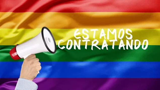 Bandeira do arco-íris com megafone e 'Estamos contratando'.