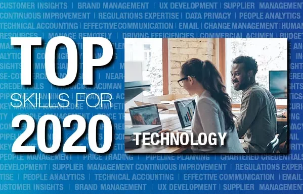 Texto 'Top Skills for 2020' sobre fundo azul.